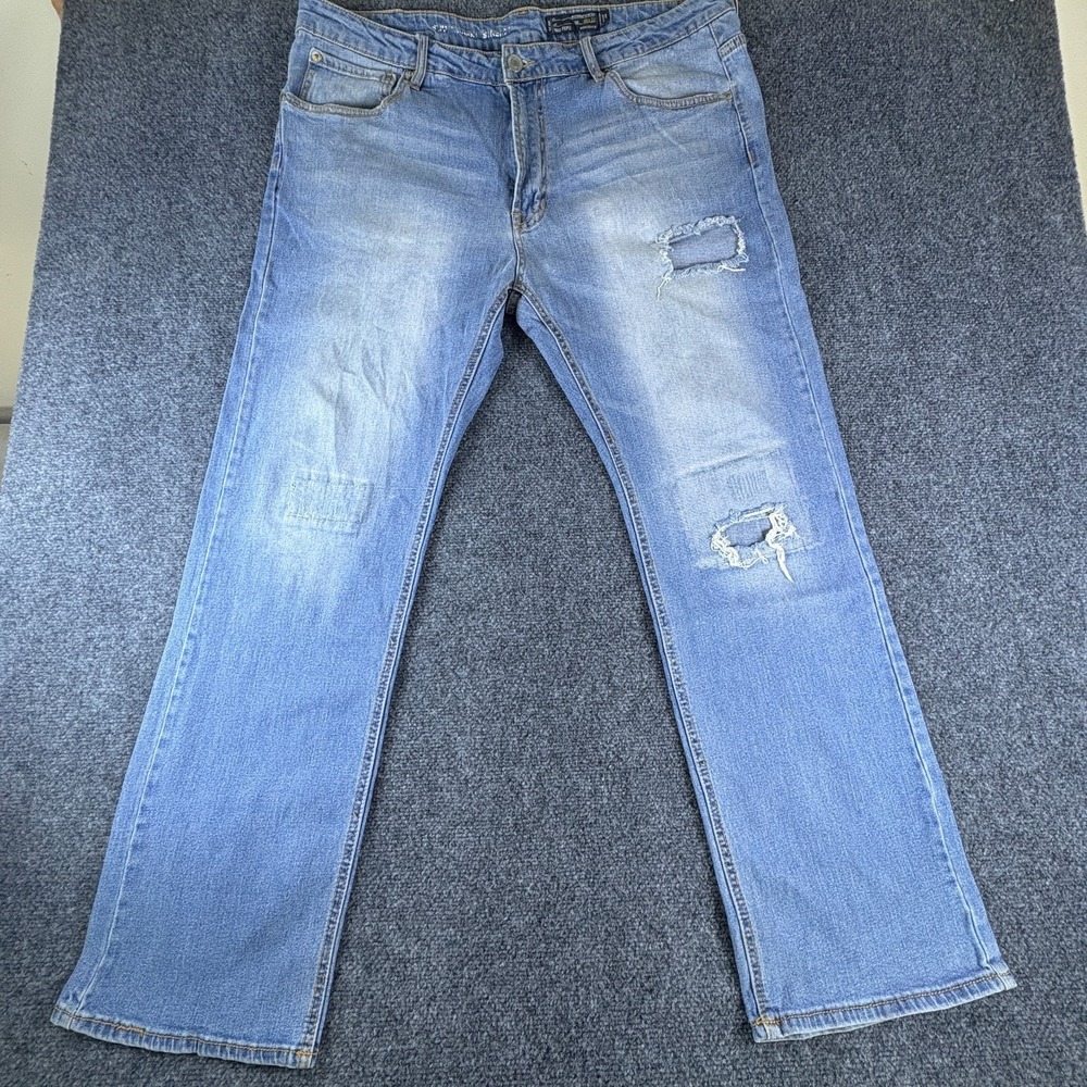 Indigo People Slim Straight Stretch Jeans Men 40x29 Blue Denim Distressed Cotton